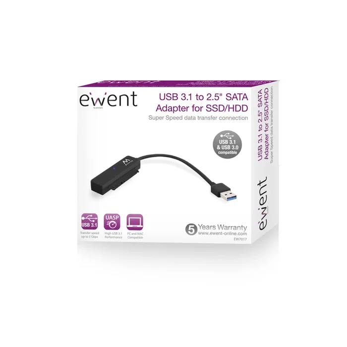 Ewent EW7017 Adaptador USB 3.1 a SATA para Disco Duro HDD SSD 2.5" Externo Alta Velocidad Compatible UASP
