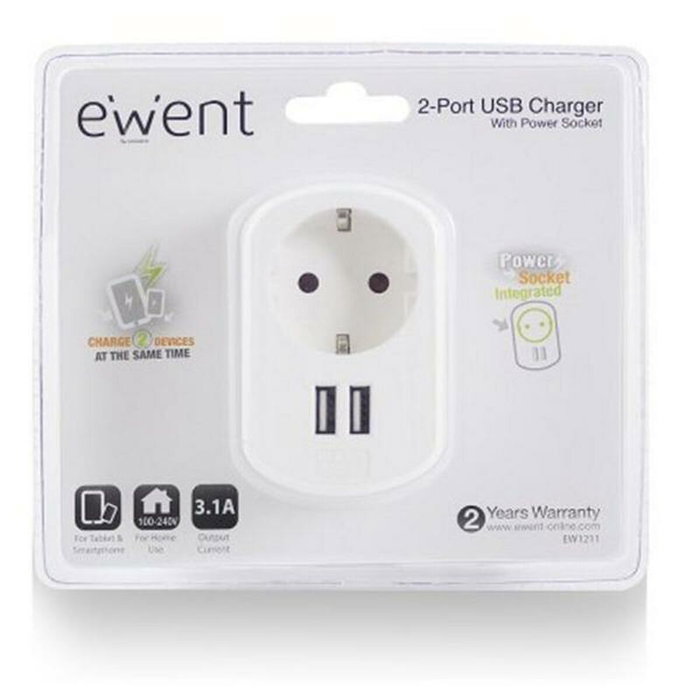 EWENT Cargador de Pared EW1211 con 2 Puertos USB 3.1A y Toma de Corriente, Blanco