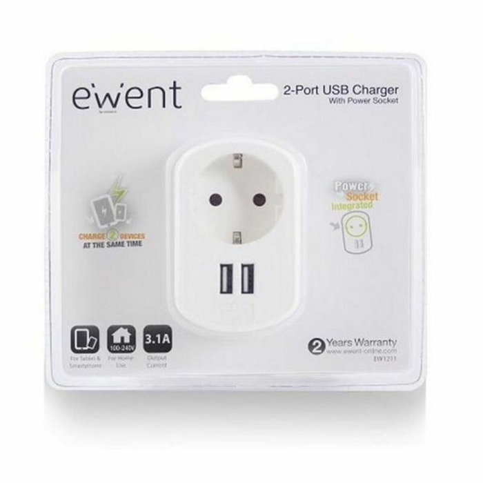 EWENT Cargador de Pared EW1211 con 2 Puertos USB 3.1A y Toma de Corriente, Blanco