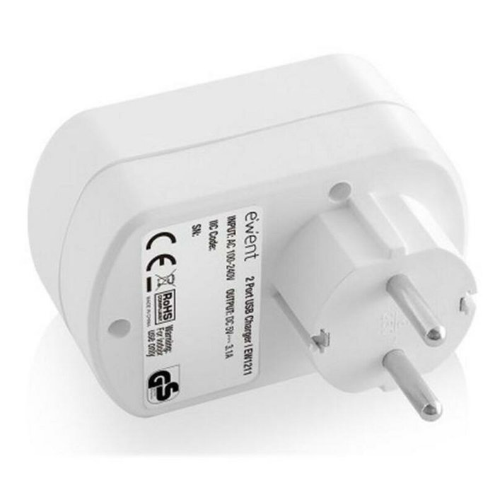 EWENT Cargador de Pared EW1211 con 2 Puertos USB 3.1A y Toma de Corriente, Blanco