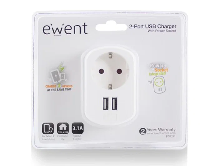 EWENT Cargador de Pared EW1211 con 2 Puertos USB 3.1A y Toma de Corriente, Blanco