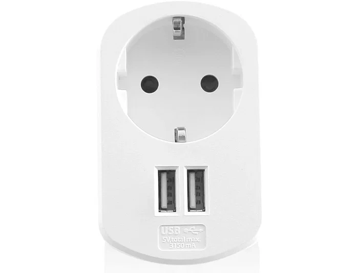 EWENT Cargador de Pared EW1211 con 2 Puertos USB 3.1A y Toma de Corriente, Blanco