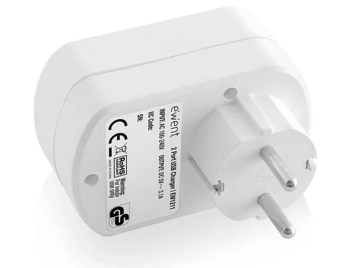EWENT Cargador de Pared EW1211 con 2 Puertos USB 3.1A y Toma de Corriente, Blanco