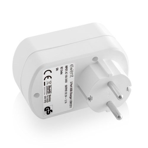 EWENT Cargador de Pared EW1211 con 2 Puertos USB 3.1A y Toma de Corriente, Blanco