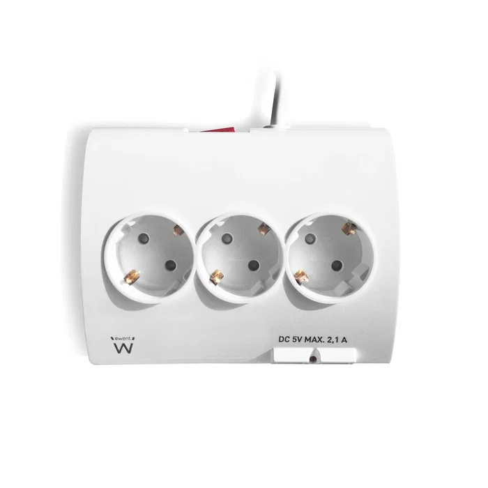 Ewent Regleta de Sobremesa EW3935, 5 Tomas + 2 Puertos USB 2.1A, Cable 1.5m, Protección Infantil, Blanco