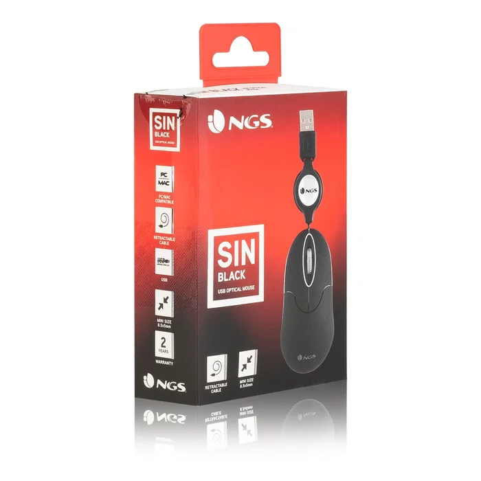 NGS SIN Black Ratón Óptico Mini con Cable Retráctil y 1000 DPI