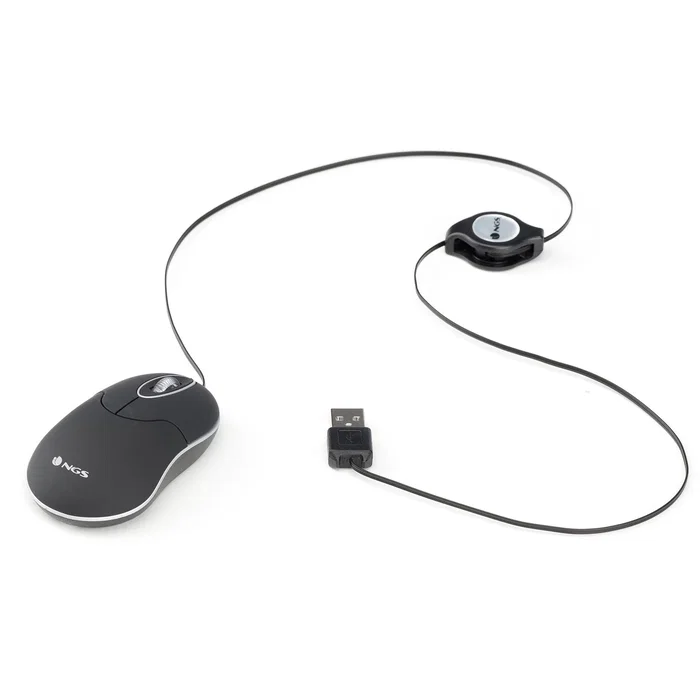 NGS SIN Black Ratón Óptico Mini con Cable Retráctil y 1000 DPI