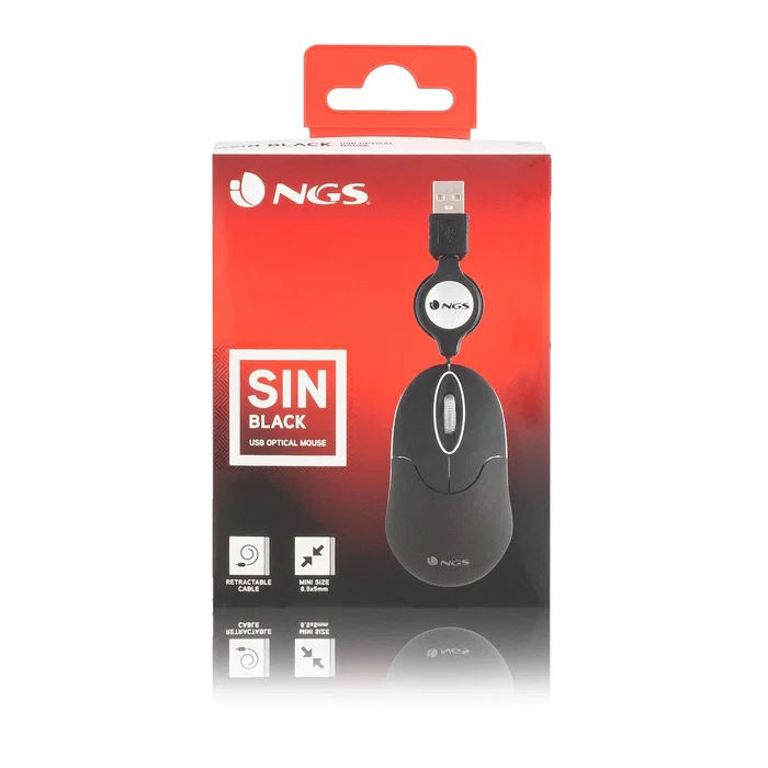 NGS SIN Black Ratón Óptico Mini con Cable Retráctil y 1000 DPI