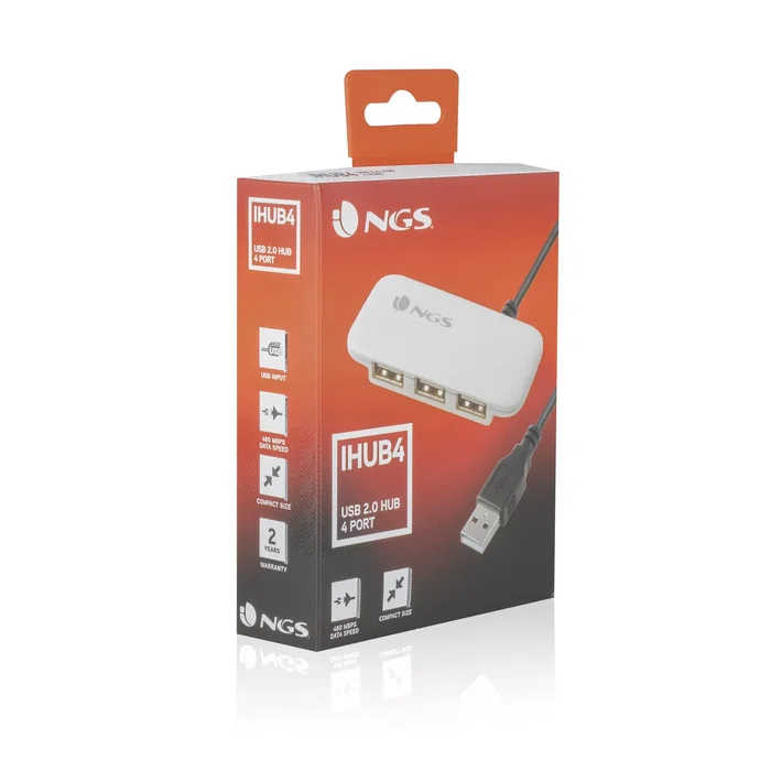 NGS Hub USB NGS-HUB-0032 - Hub de 4 Puertos USB 2.0, 480 Mbps, Tamaño Reducido y Portátil, Color Blanco