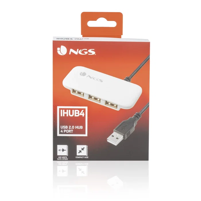NGS Hub USB NGS-HUB-0032 - Hub de 4 Puertos USB 2.0, 480 Mbps, Tamaño Reducido y Portátil, Color Blanco