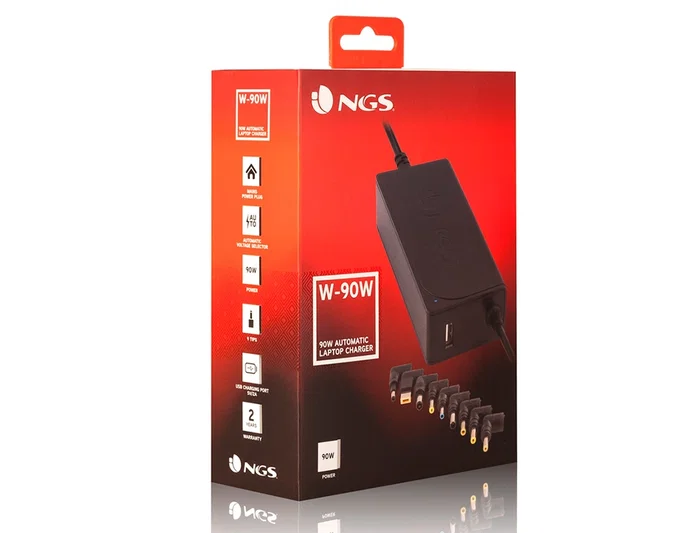 Ngs Adaptador de Corriente W-90 Automático 90W con 9 Adaptadores y Salida USB 2A