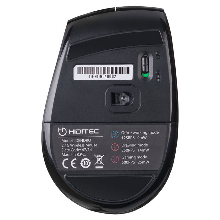 Hiditec Mouse Dendro Ratón Inalámbrico 2000 DPI con Sensor Avago A3000, Botones Omron, 3 Modos (Oficina, Diseño, Gaming), Receptor Nano USB, Modelo MOU010002 - Para Diestros