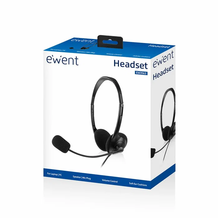 Ewent EW3563 Auriculares Diadema Alámbricos con Micrófono Boom para Llamadas VoIP/Skype y Música - Negro, Conector 3.5 mm, Supraaural, Cable 2.1 m