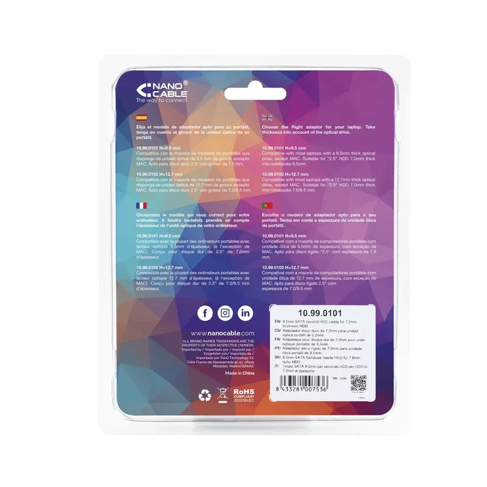 Nanocable 10.99.0101 Adaptador de Disco Duro 2.5" SATA 7.0 mm para Sustituir Unidad Óptica de 9.5 mm en Portátil, Kit de Montaje con Tornillos