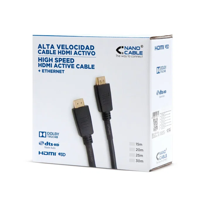 Nanocable 10.15.1830 Cable HDMI 30 m con Repetidor - HDMI 1.4 Alta Velocidad Macho-Macho - 4K@30Hz HDR, Ethernet ARC, 10.2 Gbps, 340 MHz, 24K Oro OFC - Negro