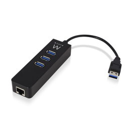Ewent EW1140 Hub USB 3.2 Gen 1 con 3 puertos USB y puerto Gigabit LAN, Negro