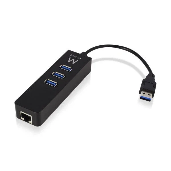 Ewent EW1140 Base para Portátil Hub USB 3.2 Gen 1 con 3 Puertos USB y 1 Puerto Gigabit LAN RJ-45, Tipo A, Negro