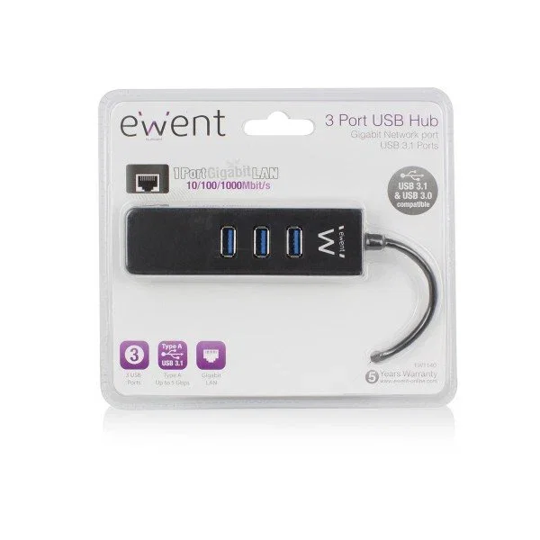Ewent EW1140 Base para Portátil Hub USB 3.2 Gen 1 con 3 Puertos USB y 1 Puerto Gigabit LAN RJ-45, Tipo A, Negro