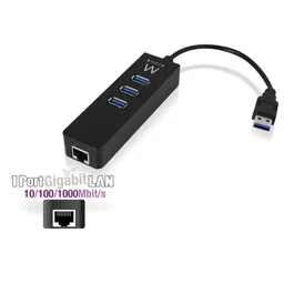 Ewent EW1140 Base para Portátil Hub USB 3.2 Gen 1 con 3 Puertos USB y 1 Puerto Gigabit LAN RJ-45, Tipo A, Negro