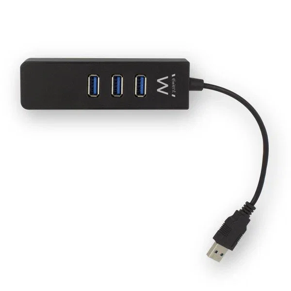 Ewent EW1140 Base para Portátil Hub USB 3.2 Gen 1 con 3 Puertos USB y 1 Puerto Gigabit LAN RJ-45, Tipo A, Negro