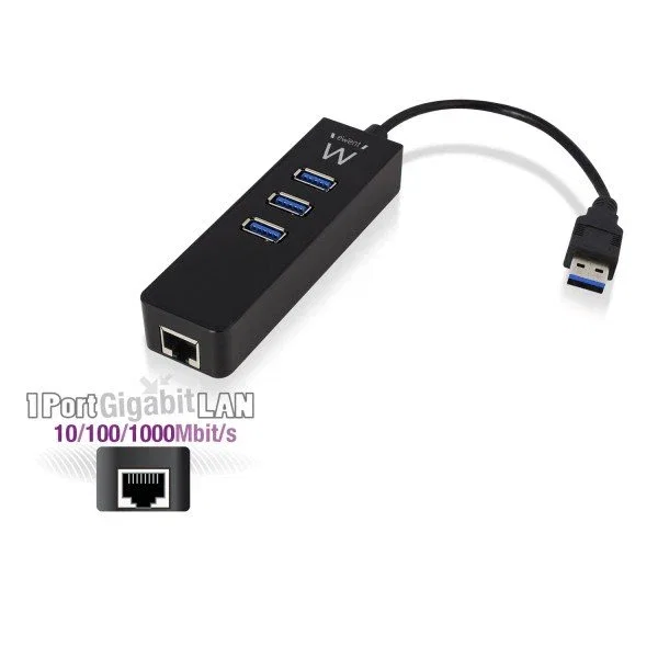 Ewent EW1140 Base para Portátil Hub USB 3.2 Gen 1 con 3 Puertos USB y 1 Puerto Gigabit LAN RJ-45, Tipo A, Negro