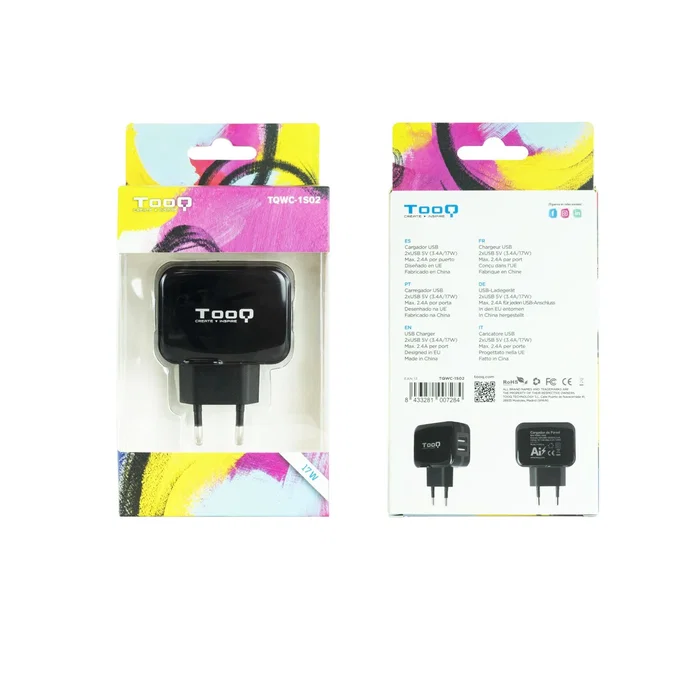 Tooq TQWC-1S02 Cargador de Pared USB 2 Puertos, 5V 3.4A 17W con Chip Inteligente AI, Negro - Para Smartphone, Tablet, GPS, MP3/MP4, Consolas Portátiles