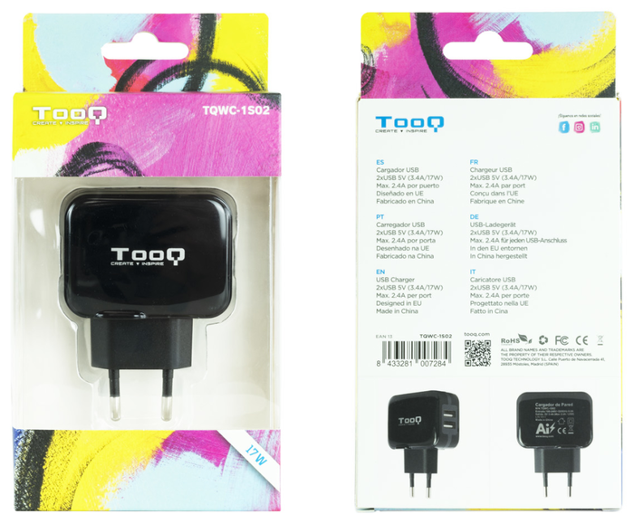 Tooq TQWC-1S02 Cargador de Pared 2xUSB Negro