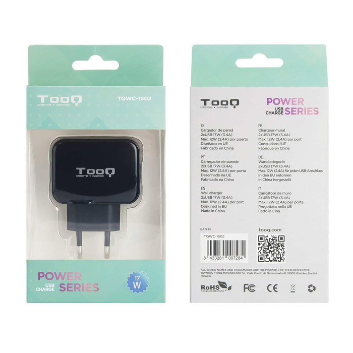 Tooq TQWC-1S02 Cargador de Pared 2xUSB Negro