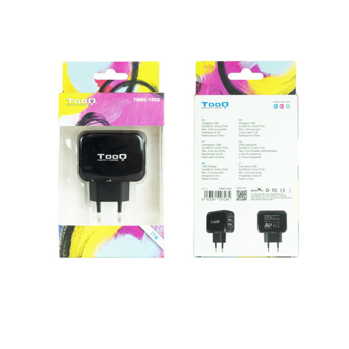 Tooq TQWC-1S02 Cargador de Pared 2xUSB Negro