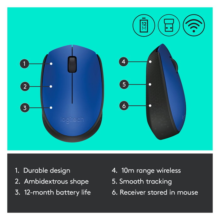 Logitech M171 Ratón Inalámbrico Azul/Negro, 1000 DPI, 2.4 GHz