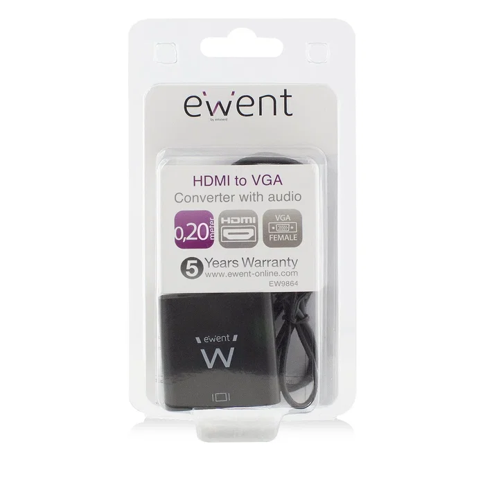 Ewent Adaptador HDMI a VGA con Audio 3.5mm, Conversor de Video, Longitud 0.2 m, Máxima Resolución 1920x1200 Píxeles, Negro, Referencia EW9864