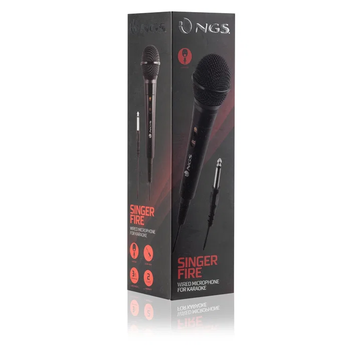 NGS Micrófono Karaoke Singer Fire Negro, Dinámico Unidireccional con Cable 3m y Botón On/Off, Conector Jack 6.35mm (1/4"), Ideal para Fiestas y Presentaciones