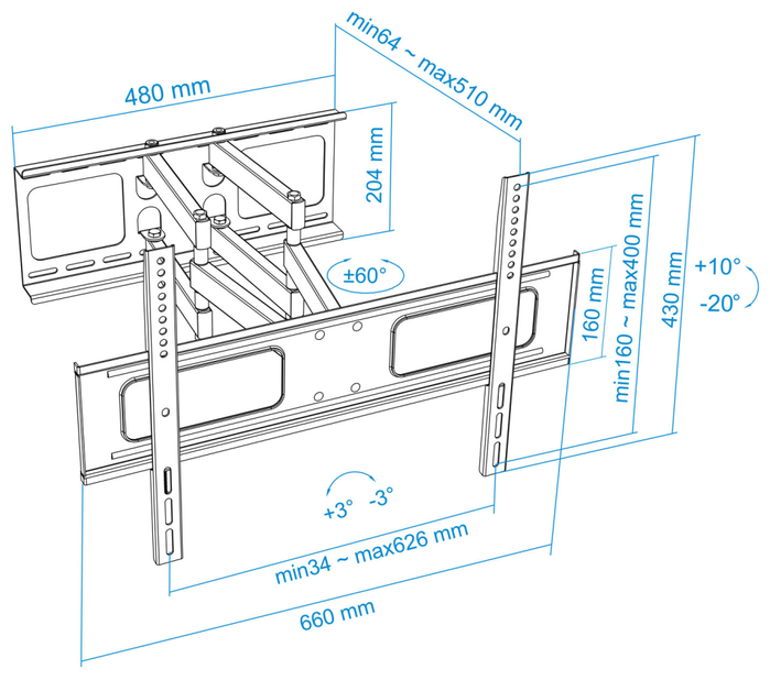 Tooq Soporte de Pared Giratorio e Inclinable LP6270TN-B para TV de 37-70 pulgadas