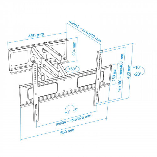 Tooq Soporte de Pared Giratorio e Inclinable LP6270TN-B para TV de 37-70 pulgadas