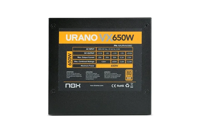NOX Urano VX 650W - Fuente de alimentación ATX - Certificación 80 PLUS Bronze - Ventilador PWM 120mm - Cables planos - PC Gaming