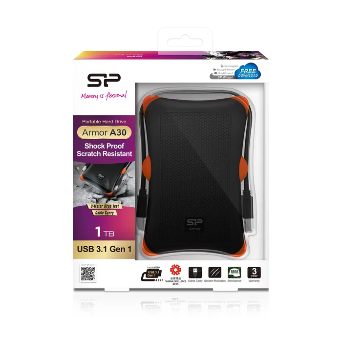 Silicon Power Armor A30 Disco Duro Externo 1 TB HDD 2.5" USB 3.2 Gen 1 - Resistente a Golpes, Negro