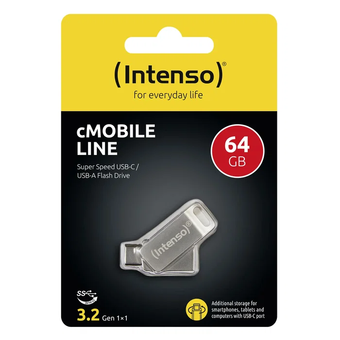 Intenso cMobile Line Pendrive USB 64GB USB 3.2 Gen 1 Tipo-A y Tipo-C, Diseño Giratorio, Metal, Color Plata
