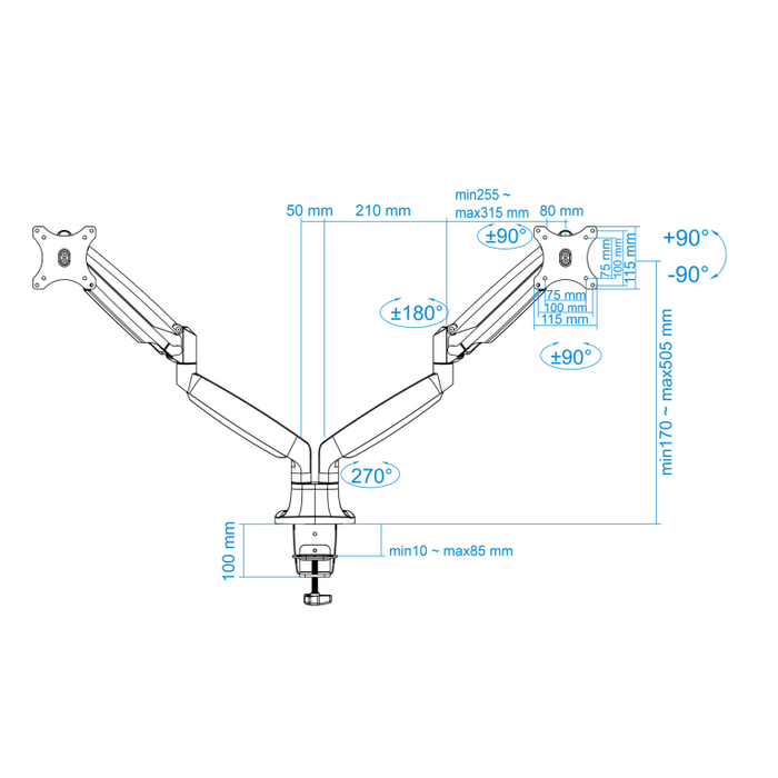 Tooq Soporte de Mesa para 2 Monitores 13''-32'' Plata con Pistón de Gas