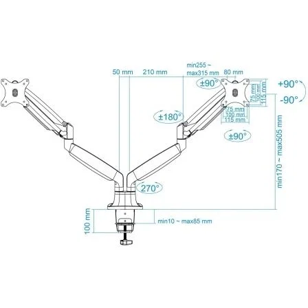 TooQ DB3132TNR-S Soporte de Mesa para 2 Monitores Giratorio Inclinable Pistón Gas Regulable hasta 9kg Pantallas 13-32" VESA 75x75/100x100