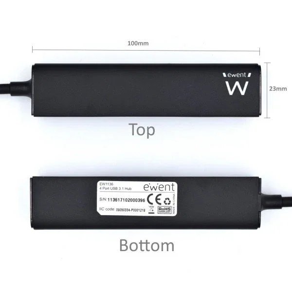 Ewent EW1136 Hub USB 4 Puertos (USB 3.2 Gen 1 / 3.1 Gen 1 Tipo-A), Compatible con USB 1.1 y 2.0, Velocidad 480 Mbps, Cable 0.15 m, Color Negro