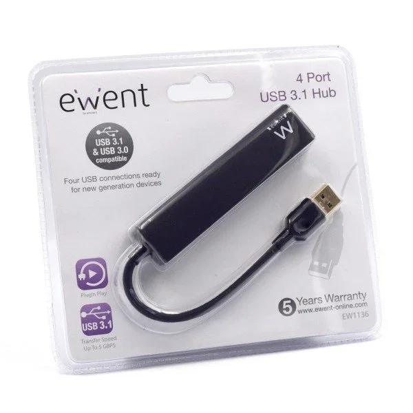 Ewent EW1136 Hub USB 4 Puertos (USB 3.2 Gen 1 / 3.1 Gen 1 Tipo-A), Compatible con USB 1.1 y 2.0, Velocidad 480 Mbps, Cable 0.15 m, Color Negro
