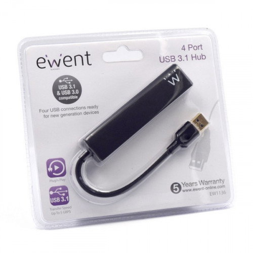 Ewent EW1136 Hub 4 Puertos USB 3.1 Gen1 Negro