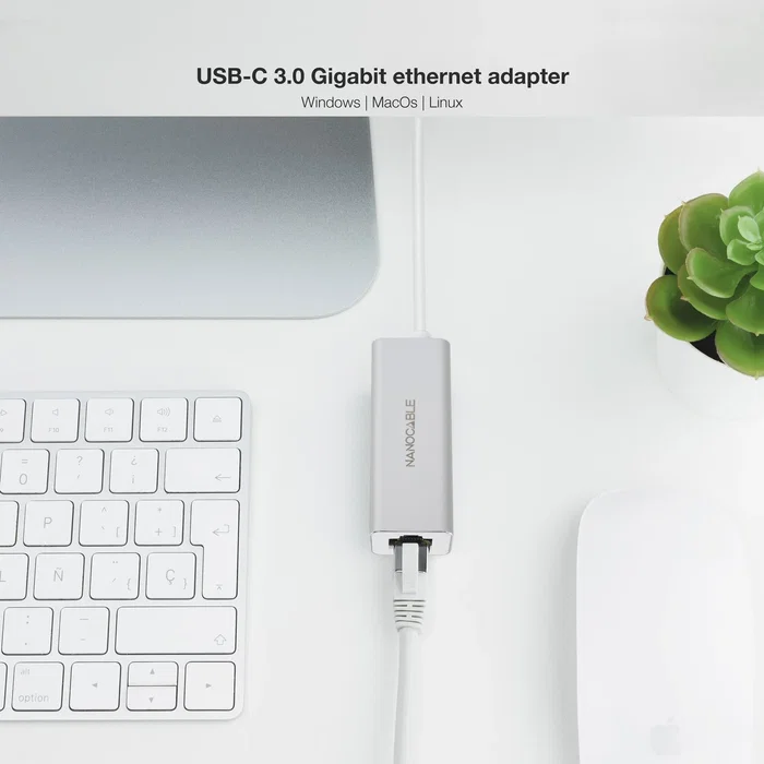 Nanocable 10.03.0402 Adaptador USB-C a Ethernet Gigabit RJ45, 10/100/1000 Mbps, Chipset RTL8153, Plug & Play para Windows, Mac, Linux, Cable de 15 cm en Aluminio Plata