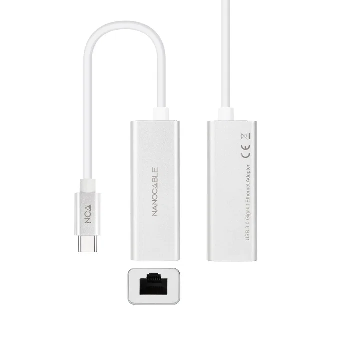 Nanocable 10.03.0402 Adaptador USB-C a Ethernet Gigabit RJ45, 10/100/1000 Mbps, Chipset RTL8153, Plug & Play para Windows, Mac, Linux, Cable de 15 cm en Aluminio Plata