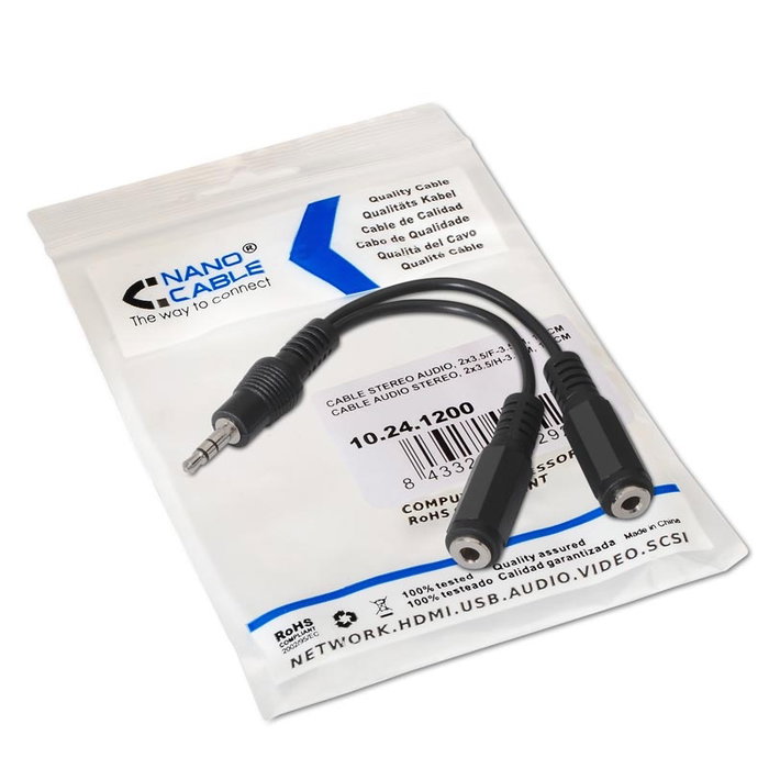 Nanocable 10.24.1200 Cable de Audio Estéreo 2x Jack 3,5mm Hembra a Jack 3,5mm Macho, 15cm, Negro