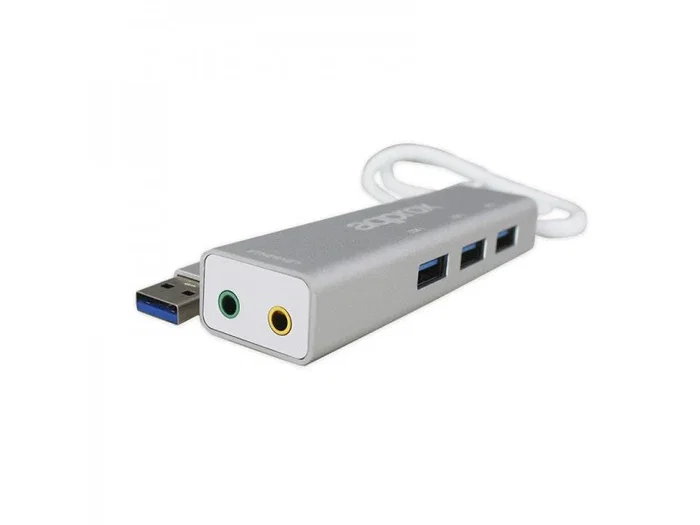 Approx APPUSB51HUB Hub y Tarjeta de Audio USB Externa 5.1 Canales con 3 Puertos USB 3.0, Conectores Jack 3.5mm, Aluminio Gris, para Windows, Mac, Linux