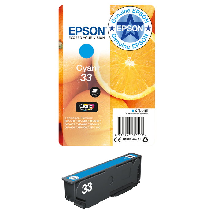 Epson Cartucho Cian Claria Premium 33 C13T33424012 para Expression Home XP-530 y otros modelos compatibles Epson Cartucho Cian Claria Premium 33 C13T33424012 para Expression Home XP-530 y otros modelos compatibles