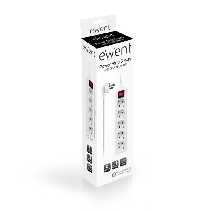 Ewent Regleta EW3916, 5 Tomas Shuko (Tipo F), Interruptor ON/OFF, Cable 1.5m, Blanco, Interior, 16A (3680W), Protección para Menores