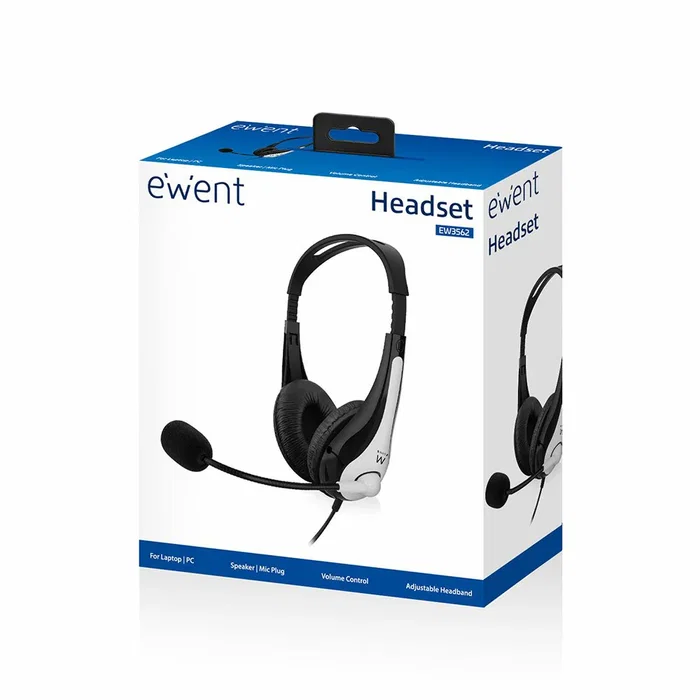 Ewent EW3562 Auriculares Diadema con Micrófono Boom, Circumaural, Cable 2m, para Llamadas/Música, Color Negro y Plata