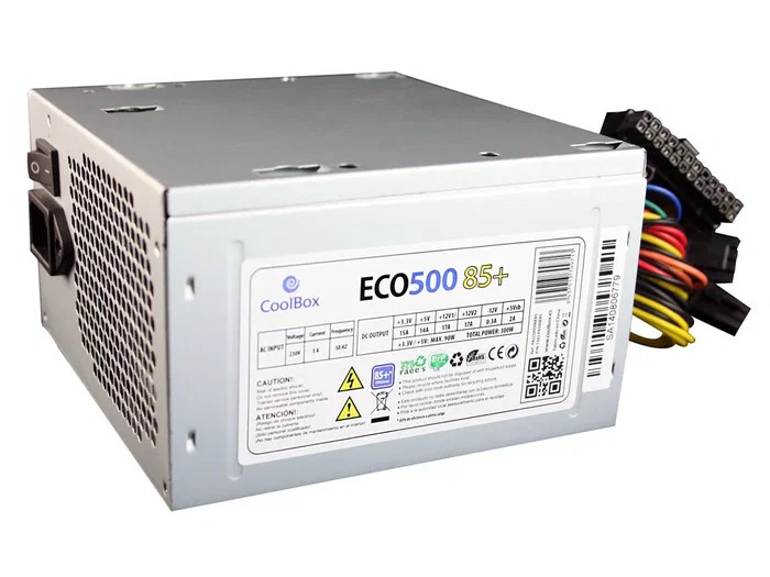 Coolbox ECO500 Fuente de Alimentación ATX 500W 80 PLUS Bronze, 85+ Eficiencia 85%, PFC Activo, Ventilador 12cm Silencioso, Compatible con Intel y AMD, Gris